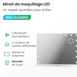 LED Miroir maquillage Hollywood 80x60cm, recharge USB & USB-C, Blanc, Technologie Anti-scintillement