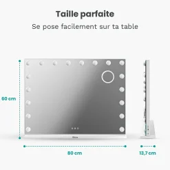 LED Miroir maquillage Hollywood 80x60cm, recharge USB & USB-C, Blanc, Technologie Anti-scintillement