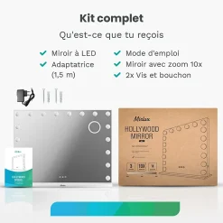 LED Miroir maquillage Hollywood 80x60cm, recharge USB & USB-C, Blanc, Technologie Anti-scintillement