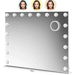 LED Miroir Maquillage Hollywood Mirlux 80x60cm, 2 haut-parleurs Bluetooth, recharge USB & USB-C, Grossissement 10x, Blanc