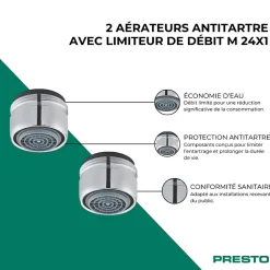 Lot de 2 aérateurs antitartre avec limiteur de débit 1,9 l/min M 24x1 PRESTO chromé