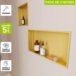 Lot de 2 Niches de Douche Or Satiné - 30x30 cm et 30x60 cm - Rangement Mural Salle de Bain - NOOK