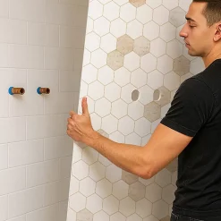 Lot de 2 panneaux de douche en PVC (90x220 & 120x220 cm) + profilés blanc - Hexa Travertin - Gris