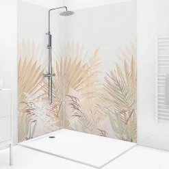 Lot de 2 panneaux de douche en PVC (90x220 & 120x220 cm) + profilés blanc - Motif végétal - Beige - Gaïa