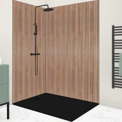 Lot de 2 panneaux de douche en aluminium (90x220 & 120x220 cm) + profilés noir - effet bois - Japandi - Marron et noir