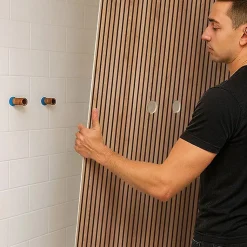 Lot de 2 panneaux de douche en aluminium (90x220 & 120x220 cm) + profilés noir - effet bois - Japandi - Marron et noir