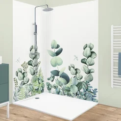 Lot de 2 panneaux de douche en aluminium (90x220 & 120x220 cm) + profilés blanc - Motif végétal - Vert et Blanc - Quiétude
