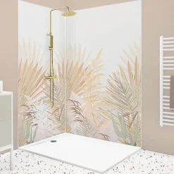 Lot de 2 panneaux de douche en aluminium (90x220 & 120x220 cm) + profilés blanc - Motif végétal - Beige - Gaïa