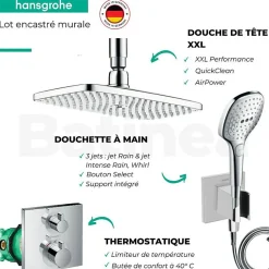Lot robinet douche encastré thermostatique HANSGROHE Ecostat Square + Douche de tête Raindance E 240 fixation plafond