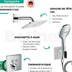 Lot robinet douche encastré thermostatique HANSGROHE + Douche de tête Raindance E 240 fixation murale
