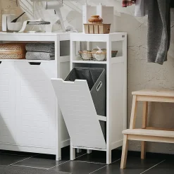 Meuble Bas de Salle de Bain avec Corbeille à Linge, Armoire Toilette, BZR122-W, SoBuy
