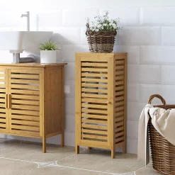 Meuble bas de salle de bain une porte - étagère réglable - bois de bambou verni