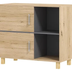 Meuble bas de salle de bain style bohème - 2 portes, 2 niches - gris effet bois clair naturel