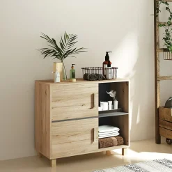Meuble bas de salle de bain style bohème - 2 portes, 2 niches - gris effet bois clair naturel