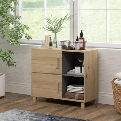 Meuble bas de salle de bain style bohème - 2 portes, 2 niches - gris effet bois clair naturel