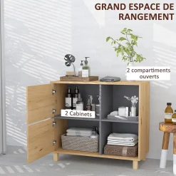 Meuble bas de salle de bain style bohème - 2 portes, 2 niches - gris effet bois clair naturel