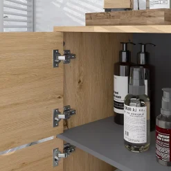 Meuble bas de salle de bain style bohème - 2 portes, 2 niches - gris effet bois clair naturel