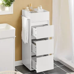 Meuble Bas de Salle de Bain avec Tiroir, Compartiments et Porte-Serviette, BZR29-W, SoBuy
