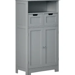 Meuble bas de salle de bain multi-rangements grande niche 2 tiroirs placard double porte avec étagère MDF gris