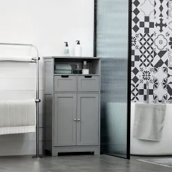 Meuble bas de salle de bain multi-rangements grande niche 2 tiroirs placard double porte avec étagère MDF gris