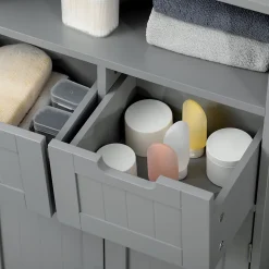 Meuble bas de salle de bain multi-rangements grande niche 2 tiroirs placard double porte avec étagère MDF gris