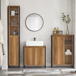 Meuble Bas de Salle de Bain avec 3 Compartiments et 1 Panier à Linge, BZR65-PF, SoBuy