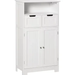 Meuble bas de salle de bain multi-rangements grande niche 2 tiroirs placard double porte avec étagère MDF blanc