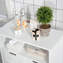 Meuble bas de salle de bain multi-rangements grande niche 2 tiroirs placard double porte avec étagère MDF blanc
