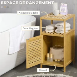 Meuble bas salle de bain rangement salle de bain 1 porte 2 étagères bois bambou verni