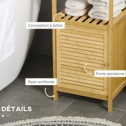 Meuble bas salle de bain rangement salle de bain 1 porte 2 étagères bois bambou verni