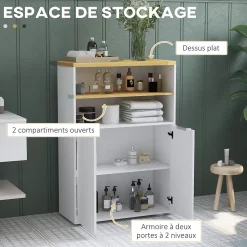 Meuble bas salle de bain - 2 portes, étagère, 2 niches - dim. 60L x 30l x 102H cm - blanc bois clair