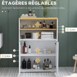 Meuble bas salle de bain - 2 portes, étagère, 2 niches - dim. 60L x 30l x 102H cm - blanc bois clair
