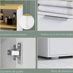 Meuble bas salle de bain - 2 portes, étagère, 2 niches - dim. 60L x 30l x 102H cm - blanc bois clair