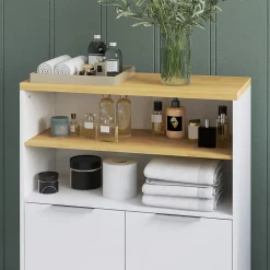 Meuble bas salle de bain - 2 portes, étagère, 2 niches - dim. 60L x 30l x 102H cm - blanc bois clair