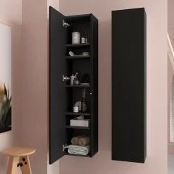 Meuble colonne de salle de bain H 140 cm coloris noir mat à suspendre - KARAIB
