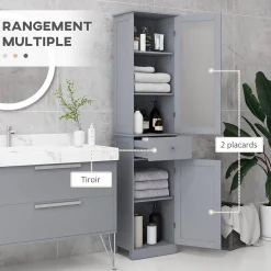 Meuble colonne de salle de bain placard porte acrylique 2 étagères placard porte 1 étagère tiroir MDF gris