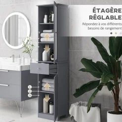 Meuble colonne de salle de bain placard porte acrylique 2 étagères placard porte 1 étagère tiroir MDF gris