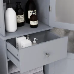 Meuble colonne de salle de bain placard porte acrylique 2 étagères placard porte 1 étagère tiroir MDF gris