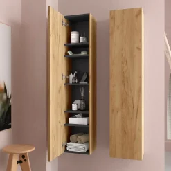 Meuble colonne de salle de bain H 140 cm effet chêne brut à suspendre - KARAIB