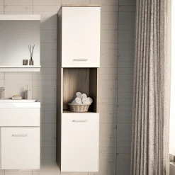 Meuble colonne de salle de bain suspendu Krildihana 131 x 30 x 30 cm effet chêne blanc argent en.casa