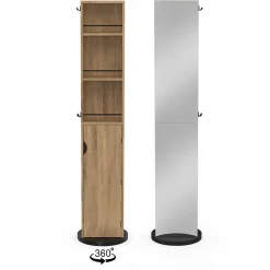 Meuble colonne pivotante de salle de bain avec miroir, placard et étagères hêtre et noir ELIA