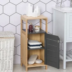 Meuble colonne rangement salle de bain style cosy dim. 32L x 30l x 80H cm porte étagères niche bambou gris