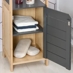 Meuble colonne rangement salle de bain style cosy dim. 32L x 30l x 80H cm porte étagères niche bambou gris