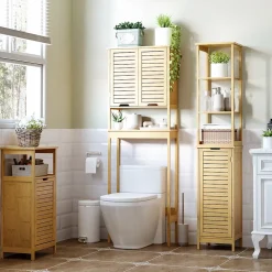 Meuble colonne rangement salle de bain style cosy dim. 34L x 30l x 173H cm porte à lattes 3 étagères bambou MDF aspect bois clair