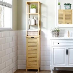 Meuble colonne rangement salle de bain style cosy dim. 34L x 30l x 173H cm porte à lattes 3 étagères bambou MDF aspect bois clair