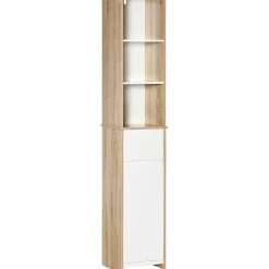 Meuble colonne rangement salle de bain style cosy 3 niches tiroir placard avec étagère blanc aspect chêne clair