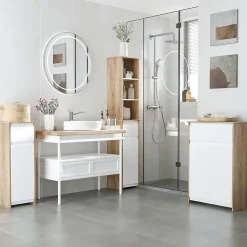 Meuble colonne rangement salle de bain style cosy 3 niches tiroir placard avec étagère blanc aspect chêne clair