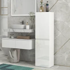 Meuble colonne rangement salle de bain style contemporain façade laquée 2 portes étagères blanc