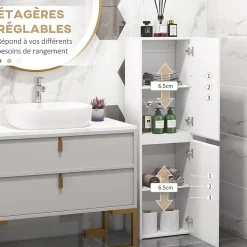 Meuble colonne rangement salle de bain style contemporain façade laquée 2 portes étagères blanc