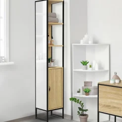 Meuble colonne salle de bain DETROIT 1 porte avec miroir et étagères design industriel